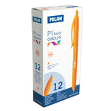 Milan P1 Touch Colours Ballpoint Pen in vibrant orange, featuring a 1 mm tip and 1200 metres writing length for seamless creativity.