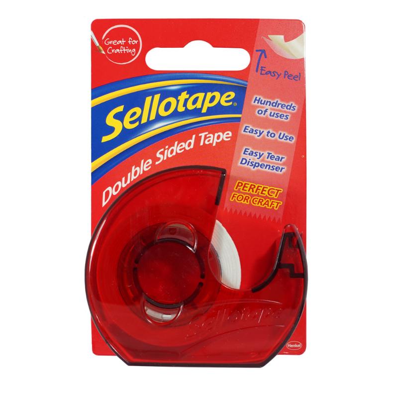 Sellotape Double Sided Tape on dispenser, 15mm x 5m, perfect for crafts, easy-peel, mess-free adhesive solution.