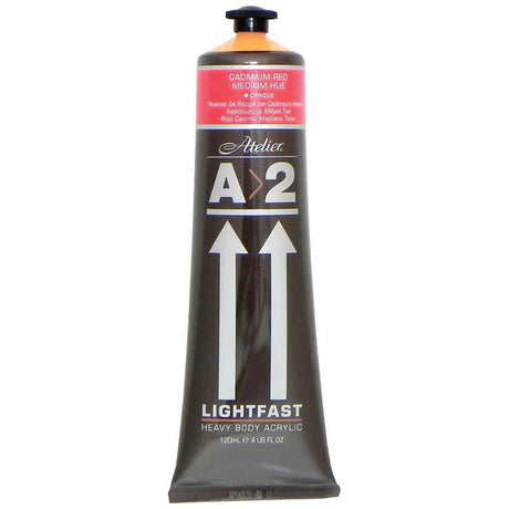 A2 Lightfast Heavybody Acrylic 120ml in Cadmium Red Medium, vibrant paint with excellent brush retention and low-gloss finish.
