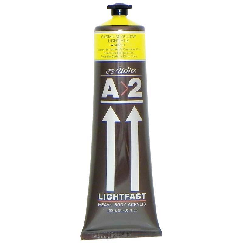 A2 Lightfast Heavybody Acrylic 120ml in Cadmium Light Yellow, vibrant and durable paint for artists with excellent brush mark retention.