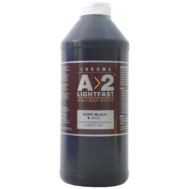 A2 Lightfast Heavybody Acrylic in Ivory Black, 1 Litre, heavy-body paint for rich color and excellent brush mark retention.