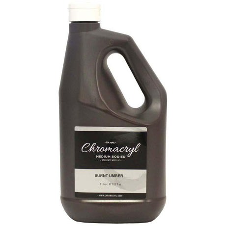 Chromacryl 2L Burnt Umber acrylic paint, ideal for students, featuring high pigment load and versatile use on various surfaces.