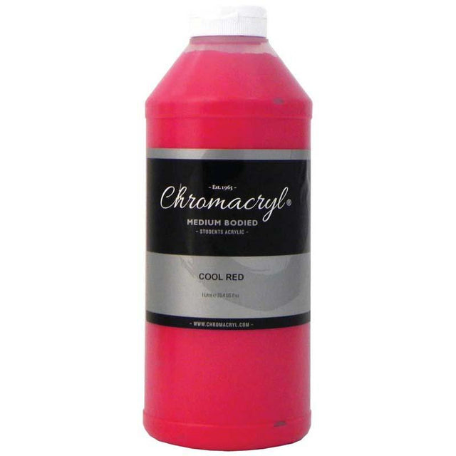 Vibrant 1 Litre bottle of Chromacryl Cool Red acrylic paint, non-toxic and quick-drying, perfect for creative projects.