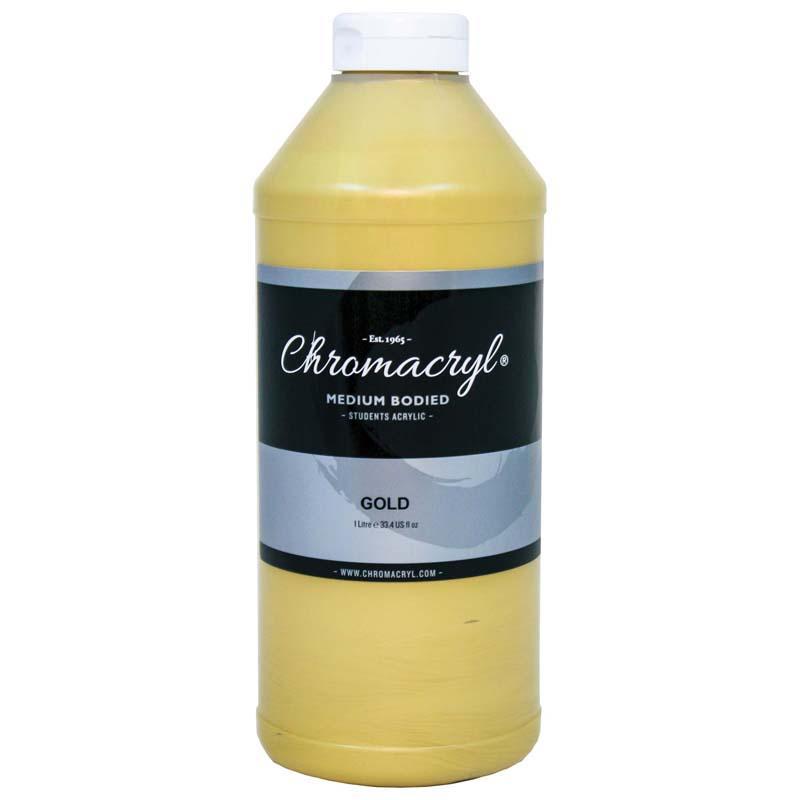 Gold Chromacryl Acrylic Paint 1 Litre, non-toxic and quick-drying, perfect for vibrant art projects and versatile surfaces.