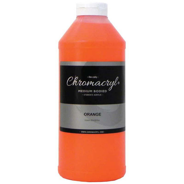 Vibrant orange Chromacryl acrylic paint in a 1-litre bottle, ideal for students and artists, non-toxic and quick-drying.