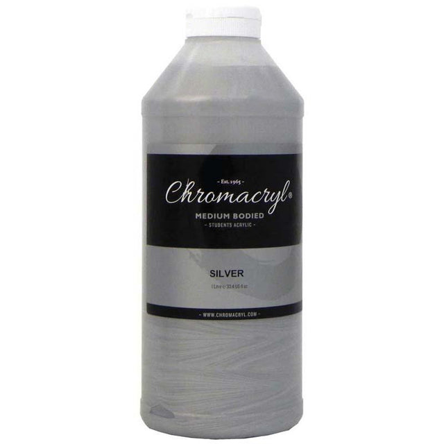 Chromacryl Acrylic Paint in 1 Litre Silver, vibrant, non-toxic, quick-drying, ideal for various surfaces and mixed media projects.