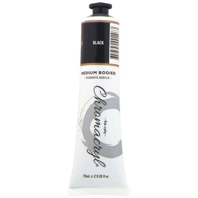 Chromacryl Black Acrylic Paint 75ml, non-toxic, quick-drying, high pigment, versatile for various surfaces and techniques.