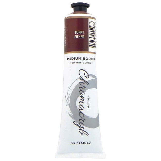 Burnt Sienna acrylic paint in a 75ml tube, ideal for versatile artistic projects, easy cleanup, and non-toxic for all skill levels.