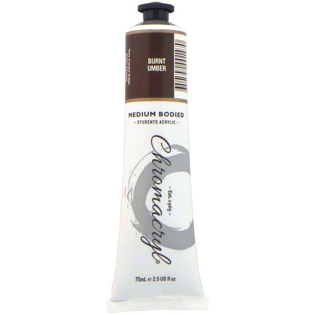 Chromacryl Burnt Umber 75ml acrylic paint, rich deep brown, non-toxic, quick-drying, perfect for vibrant artwork on various surfaces.