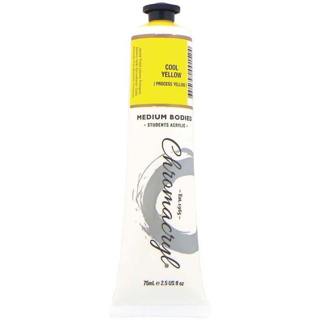 Vibrant 75ml Cool Yellow non-toxic acrylic paint, perfect for students and hobbyists, quick-drying with excellent coverage.