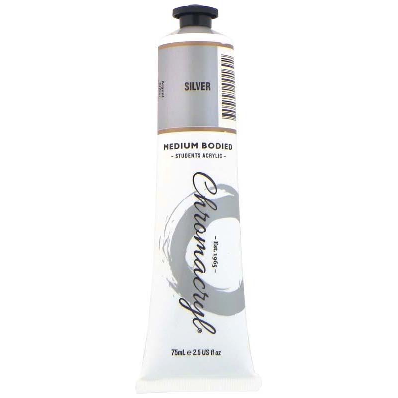 Chromacryl Paint Silver 75ml - high-quality acrylic paint with a brilliant metallic finish, perfect for various creative projects.