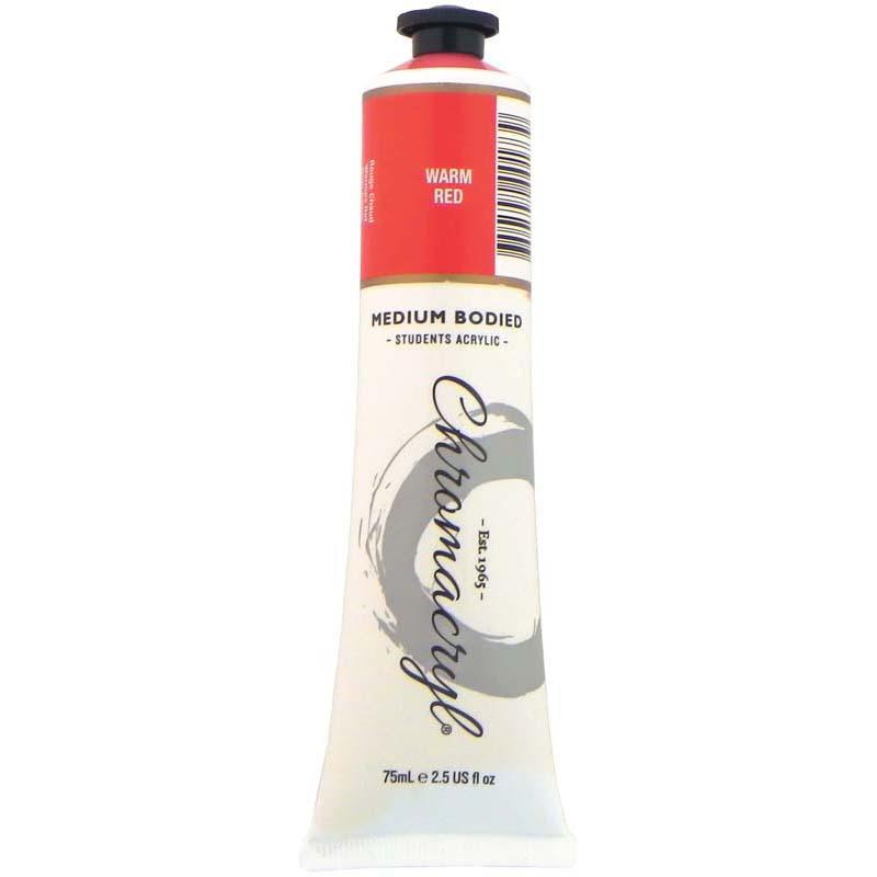 Vivid Chromacryl Warm Red acrylic paint in 75ml, perfect for artists, offering high pigment load and easy cleanup.