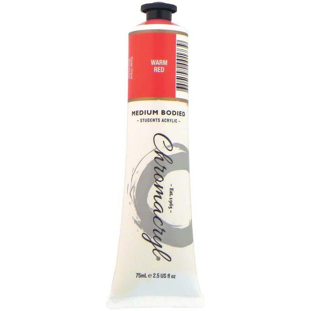 Vivid Chromacryl Warm Red acrylic paint in 75ml, perfect for artists, offering high pigment load and easy cleanup.