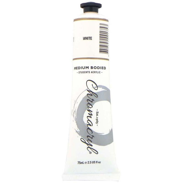 Chromacryl Paint White 75ml, a non-toxic acrylic paint with high pigmentation, perfect for artists and students.