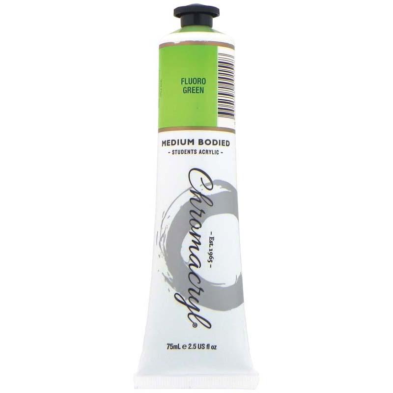 Vibrant 75ml Chromacryl Fluoro Green acrylic paint, non-toxic and quick-drying, for bold art on various surfaces.