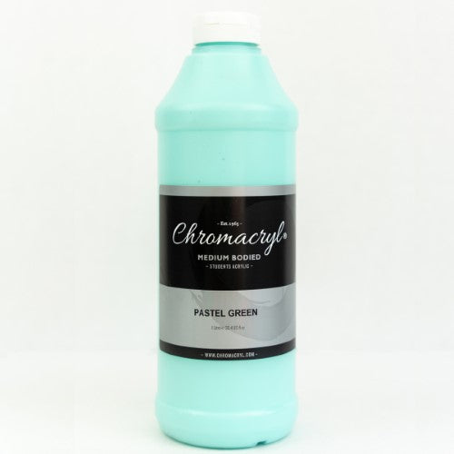 Chromacryl Pastel Green acrylic paint in a 1-litre bottle, perfect for students and vibrant art projects.