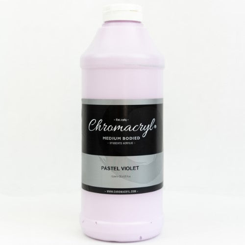 A 1-litre bottle of Chromacryl Pastel Violet acrylic paint, ideal for students, featuring non-toxic, quick-drying properties.