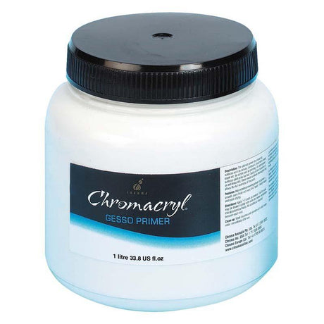 Bottle of Chromacryl 1 Litre Gesso Primer, ideal for sealing and prepping surfaces for vibrant acrylic painting.