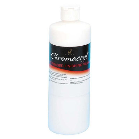 Bottle of Chromacryl 500ml water-based finishing varnish for protecting and enhancing painted artworks with a glossy finish.