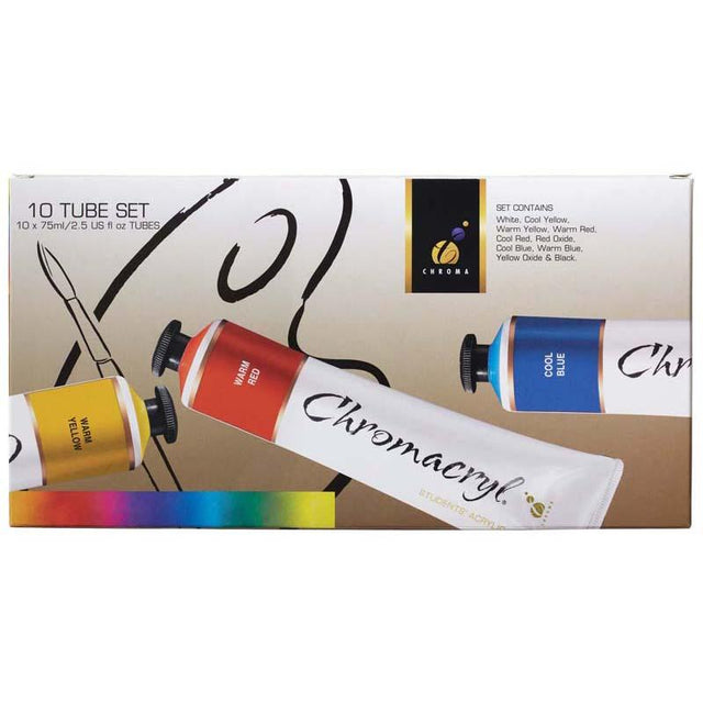 "Chromacryl Acrylic Paint Set, 10 vibrant 75ml tubes, non-toxic, quick-drying, great for home and school art projects."