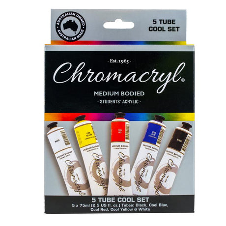 Vibrant Chromacryl Acrylic Paint 5 X 75ml set, ideal for artists of all levels, featuring non-toxic, quick-drying colors.