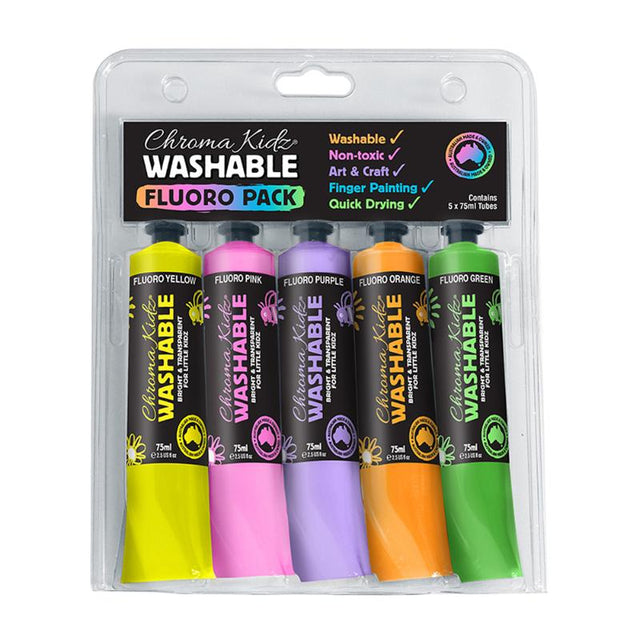 Bright and vibrant Chroma Kidz washable acrylic paint set, perfect for young artists with five 75ml non-toxic colors.