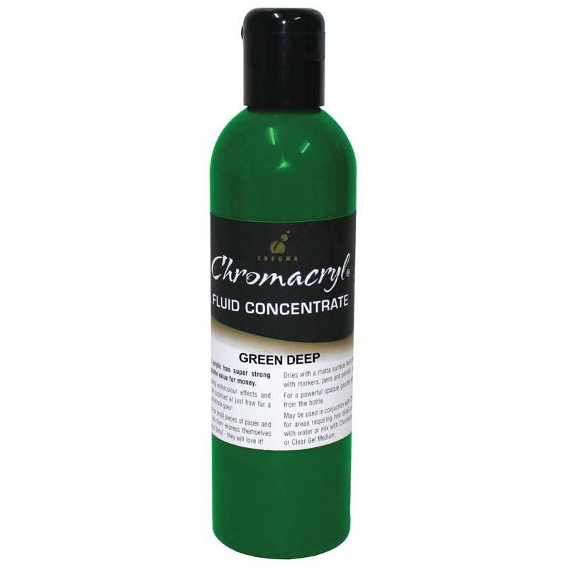 Vibrant green deep fluid acrylic paint in 250ml bottle, perfect for contemporary techniques and easy cleanup.