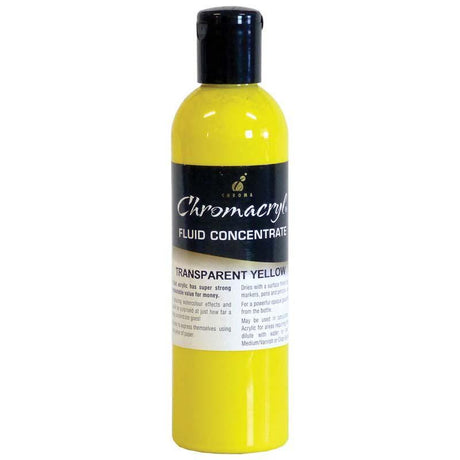 Vibrant Chromacryl Fluid Concentrate Trans Yellow 250ml, ideal for liquid acrylic painting, non-toxic and easy to clean.