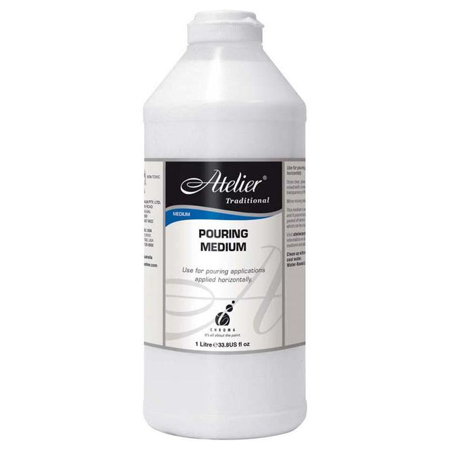 Atelier Pouring Medium 1 Litre for smooth, bubble-free acrylic pouring with vibrant color and glossy finishes.