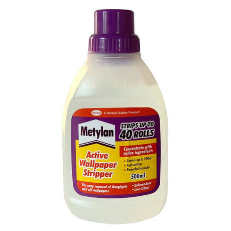 Metylan Wallpaper Remover 500ml bottle, a biodegradable, solvent-free solution for easy wallpaper removal.