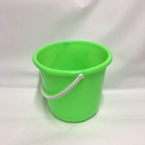Set of 12 green plastic buckets, 27cm diameter, versatile for home, garden, and kids' activities.