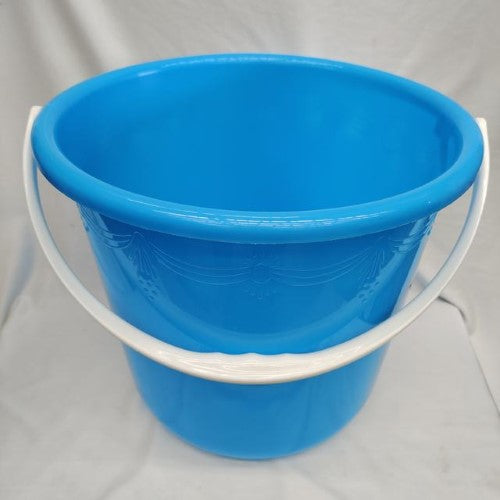 Set of 6 blue 34.5cm plastic buckets, perfect for gardening, cleaning, and organizing, with comfortable handles for easy transport.