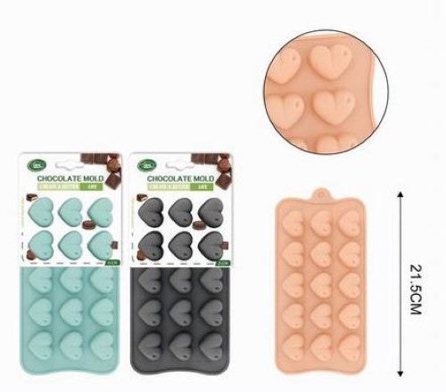 Set of 12 heart-shaped chocolate molds, 21.5cm, made of flexible silicone for easy release and cleaning. Perfect for special occasions.
