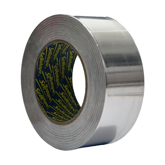 Sellotape 4810 Foil Tape, 48mm x 45m, ideal for sealing and bonding in HVAC, UV and water resistant, versatile for all surfaces.