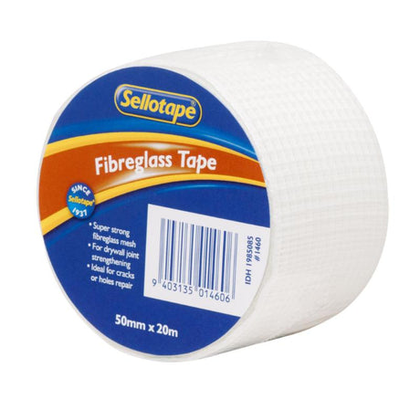 Sellotape 1460 Fibreglass Tape, 50mmx20m, strong mesh for drywall, ideal for repairing cracks and ensuring wall integrity.