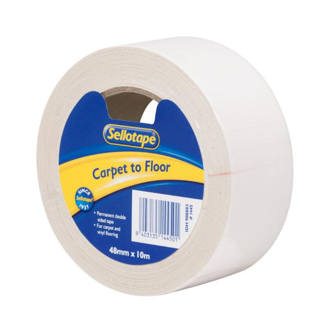 Sellotape 1445 Carpet Tape, 48mmx10m, durable double-sided tape for securing carpets and flooring on various surfaces.