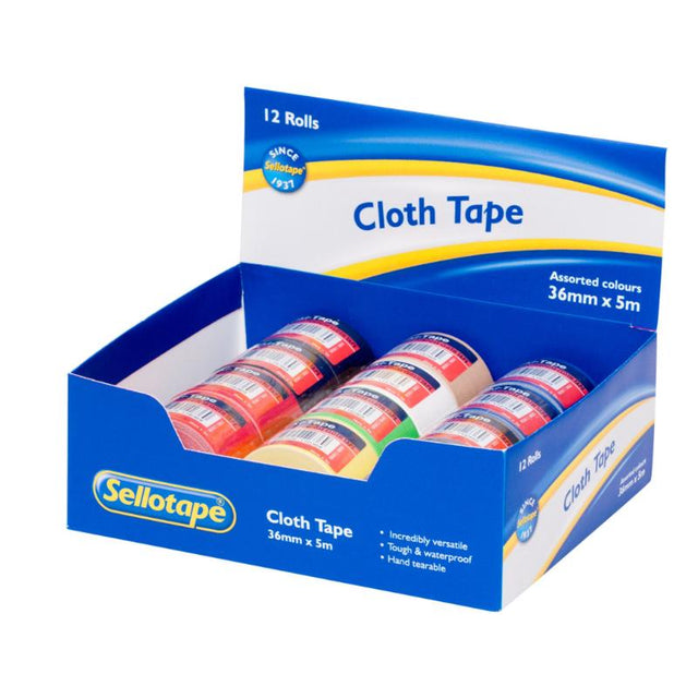 Colorful Sellotape D16036 Cloth Tape, 36mmx5m, versatile, waterproof, hand tearable, ideal for DIY crafts and repairs.