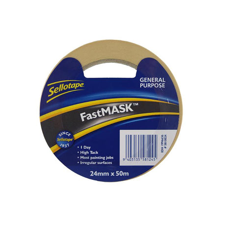 Sellotape 5810 FastMask, 24mmx50m masking tape for clean paint lines on various surfaces, ideal for artists and DIYers.