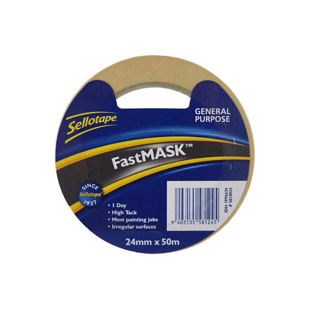 Sellotape 5810 FastMask, 24mmx50m masking tape for clean paint lines on various surfaces, ideal for artists and DIYers.