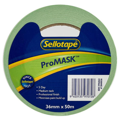 Professional masking tape, Sellotape 5840 ProMask 36mmx50m, ensures clean lines and minimal paint bleed for ideal painting results.