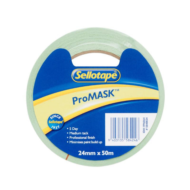 Premium Sellotape ProMask masking tape, 24mm x 50m, ensures clean edges and prevents paint build-up for flawless finishes.