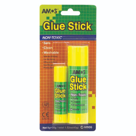 Amos Glue Stick multipack featuring 35gm and 8gm sticks, ideal for crafting, school projects, and everyday use.