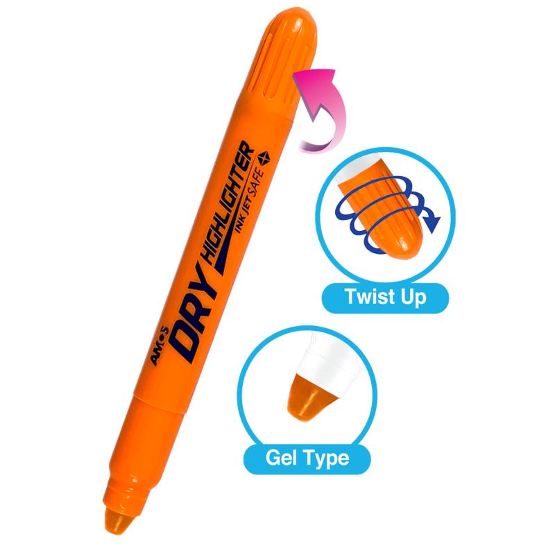 Fluoro Orange Amos Dry Highlighter with twist mechanism, designed for clean, bleed-free highlighting on various paper types.