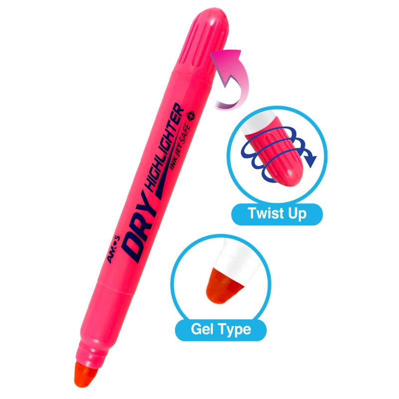 Amos Dry Highlighter in Fluoro Pink, gel-type with smooth application, no bleed, and twist mechanism for easy use.