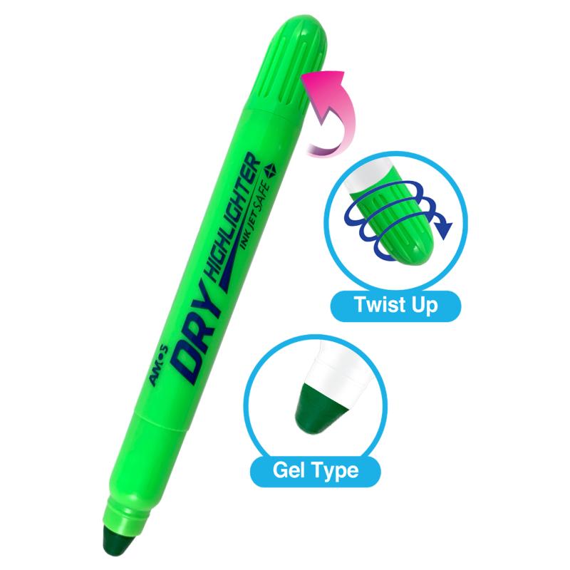 Amos Dry Fluoro Green Highlighter with smooth gel formula, ideal for vibrant, bleed-free highlighting on all paper types.