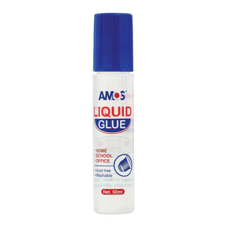 Amos Liquid Glue 50ml bottle with dobber applicator, acid-free, super strong, washable, and dries clear for crafting projects.