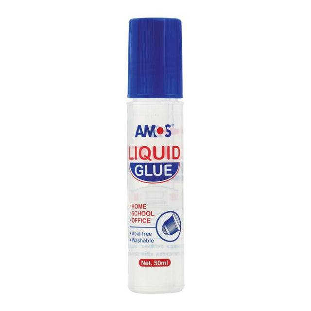 Amos Liquid Glue 50ml bottle with dobber applicator, acid-free, super strong, washable, and dries clear for crafting projects.