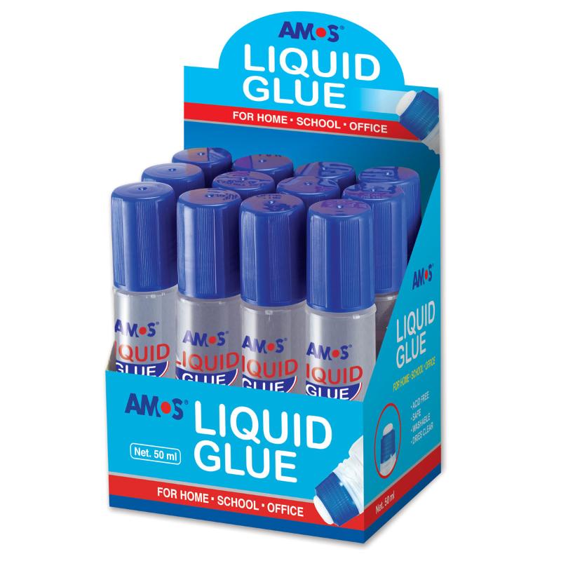 Amos Liquid Glue 50ml - versatile, acid-free adhesive that dries clear and includes a precise dobber applicator for easy use.