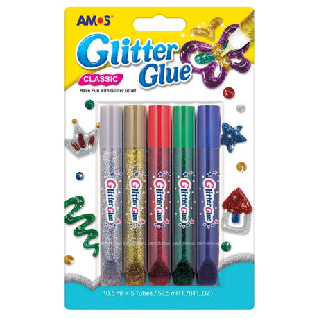 Vibrant Amos Glitter Glue Classic Colours Pack 5 featuring silver, gold, red, green, and blue for creative crafting projects.
