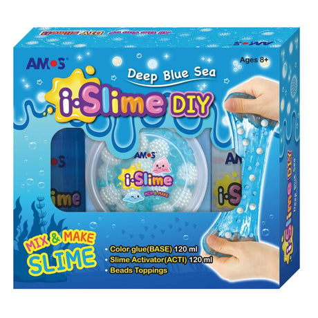 Vibrant Amos i.Slime Deep Blue Sea kit for DIY slime-making, featuring color glue, activator, and aquatic-themed beads.